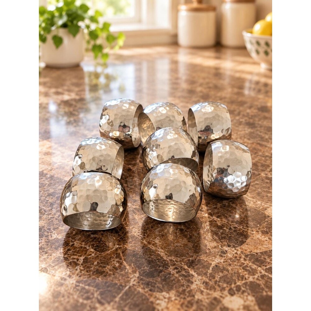 Set of 8 Hammered Silver Tone Metal Napkin Rings – Elegant Table Decor